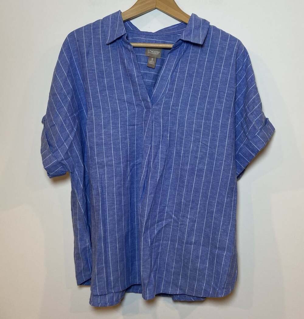 Chico's Shirt Blouse Popover Linen Blend Blue White Stripe Size 2 Large L